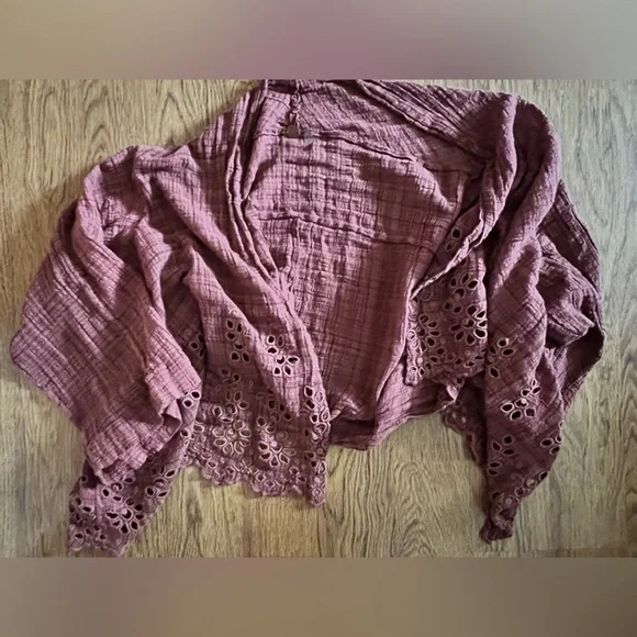 FREE PEOPLE Amaira Kimono gauze M/L Floral $128 Lace Trim Open Front Cardigan - Picture 11 of 12